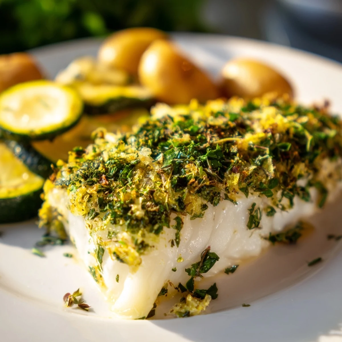 Golden-brown baked cod fillet dinner with roasted vegetables, garnished with fresh parsley and lemon wedges on a rustic platter.