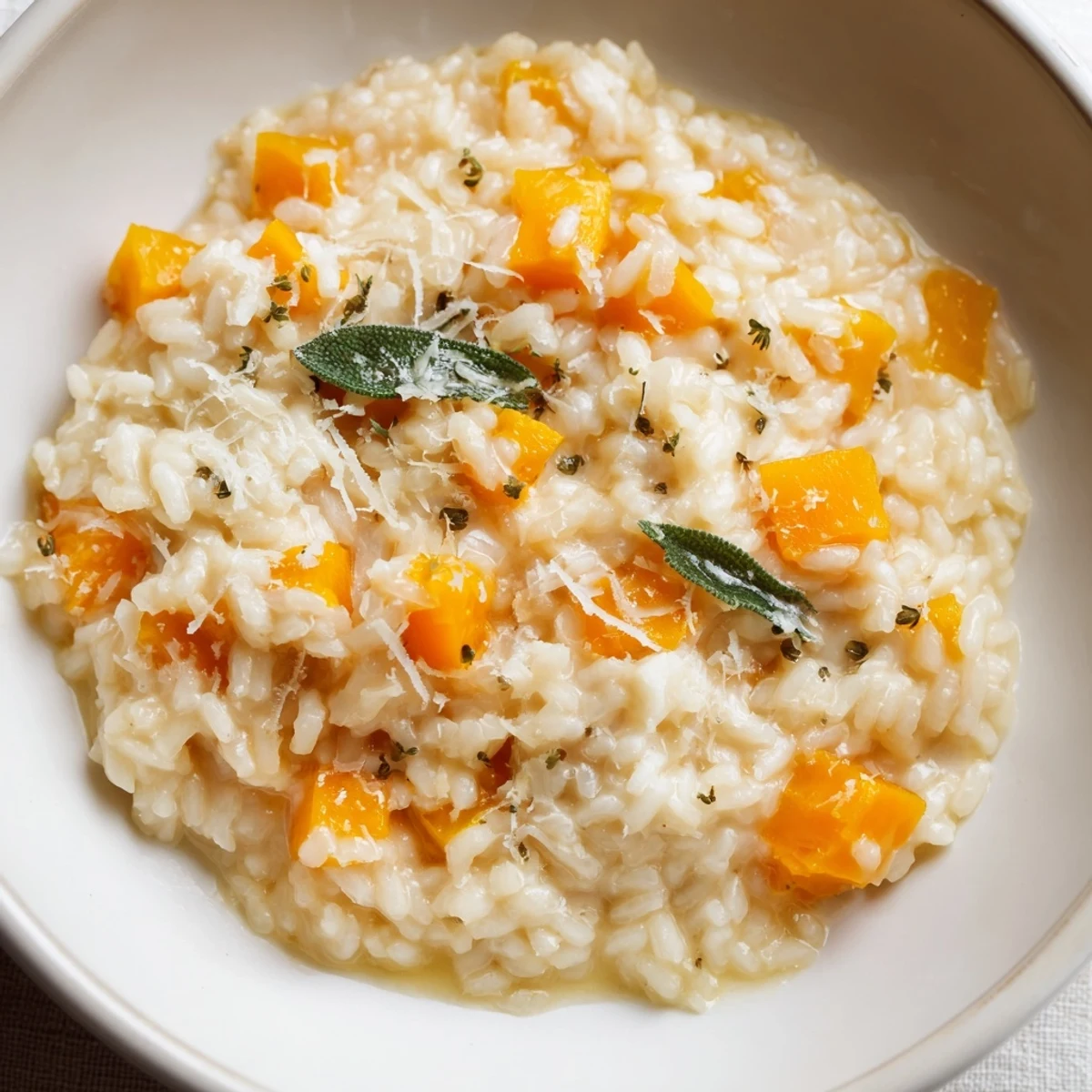 Creamy Winter Squash Risotto with Sage and Parmesan served warm in a white bowl, garnished with fresh sage leaves.