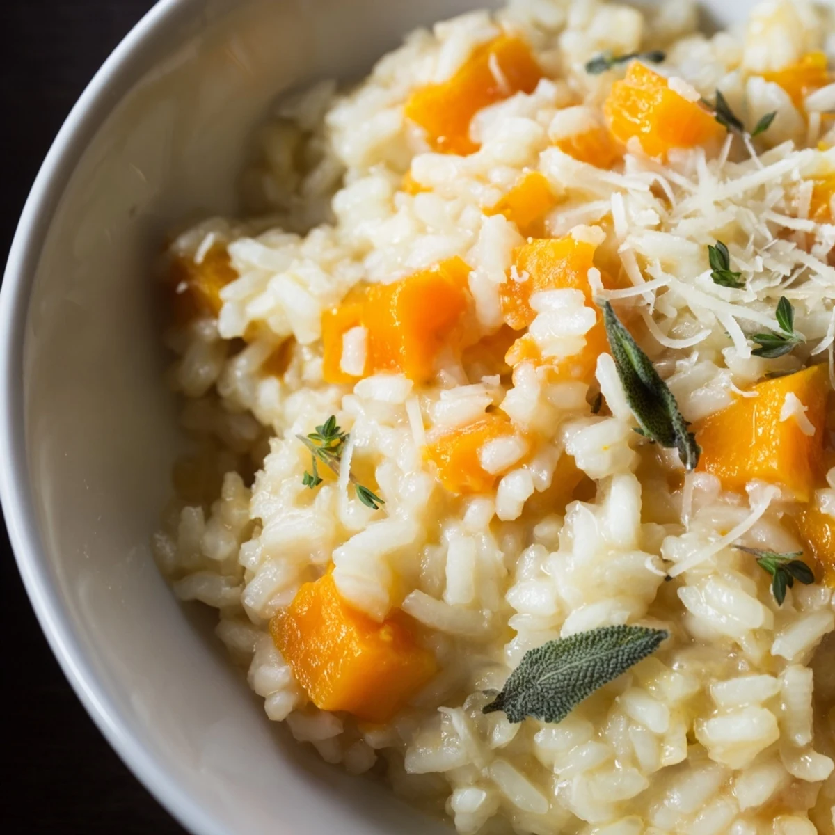 Golden cubes of tender winter squash melt into spoonfuls of Winter Squash Risotto with Sage and Parmesan beside garlic bread.