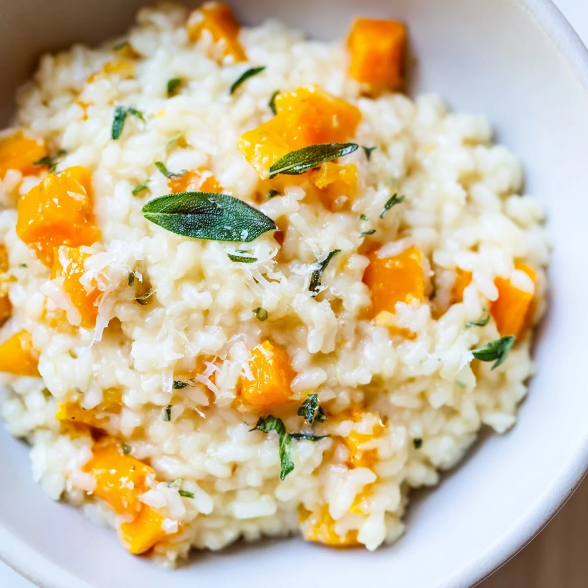 A skillet of bubbling Winter Squash Risotto with Sage and Parmesan garnished with grated Parmesan and fragrant sage leaves.