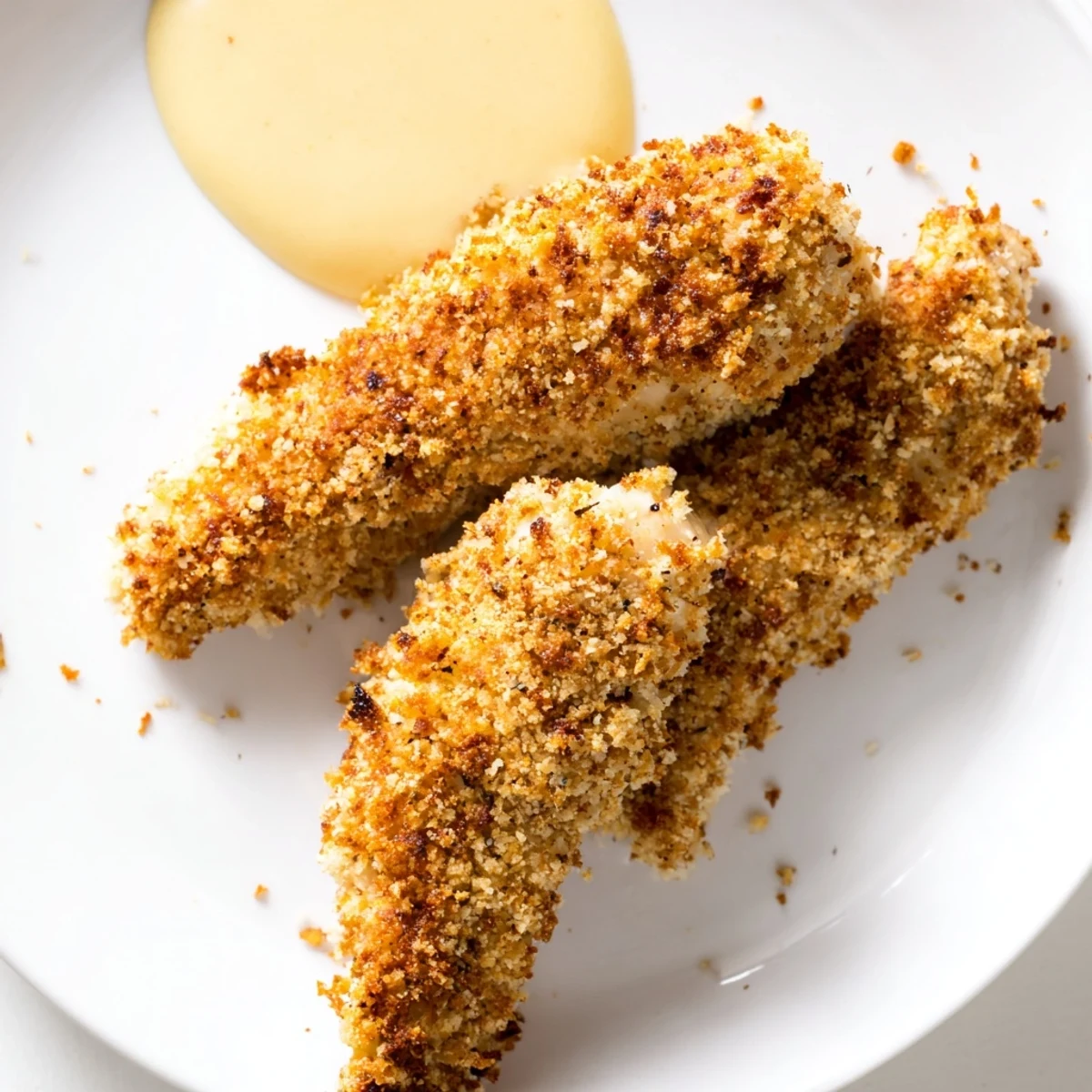Oven-baked Crispy Baked Chicken Tenders with Honey Mustard served on a plate with a creamy dipping sauce.