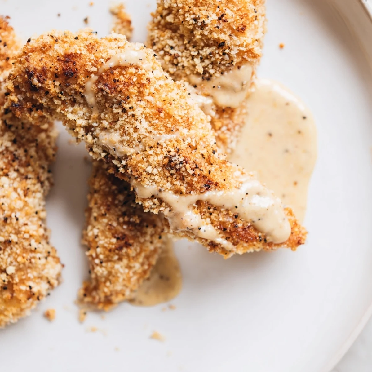 Freshly baked Crispy Baked Chicken Tenders with Honey Mustard on a rustic wooden board, showcasing golden brown breadcrumbs.