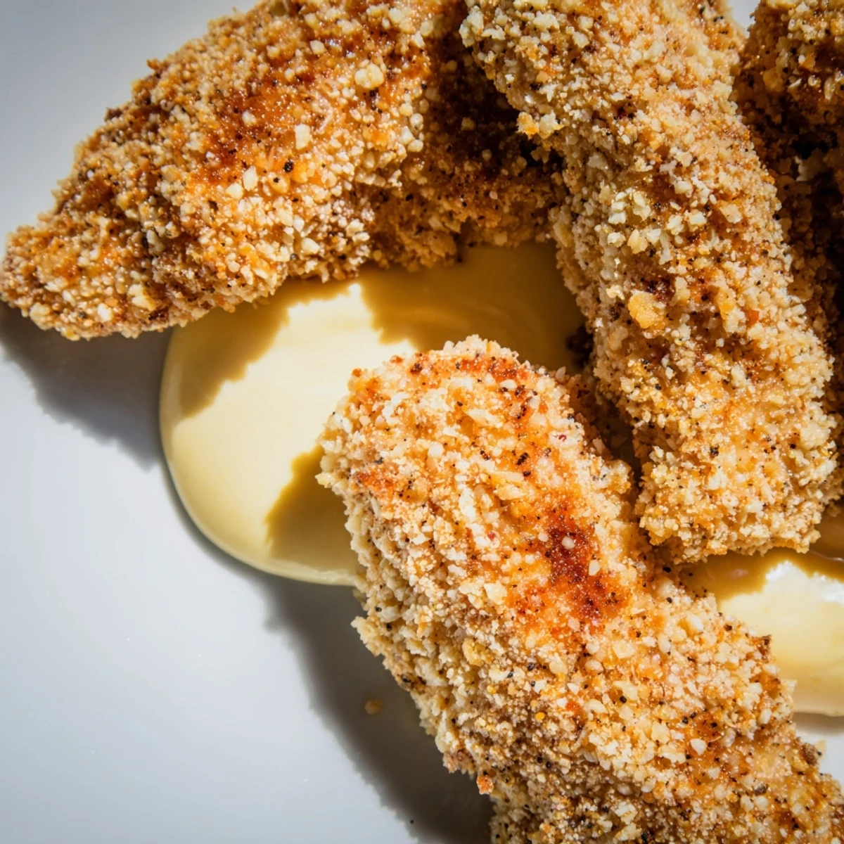 Golden Crispy Baked Chicken Tenders with Honey Mustard ready to eat, garnished with fresh parsley and lemon wedges.