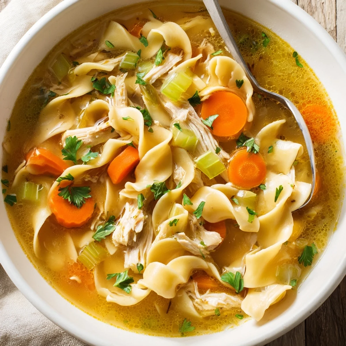 Homemade egg noodles simmer in a rich broth with tender chicken, carrots, and celery for a comforting bowl of classic Chicken Noodle Soup with Homemade Noodles.