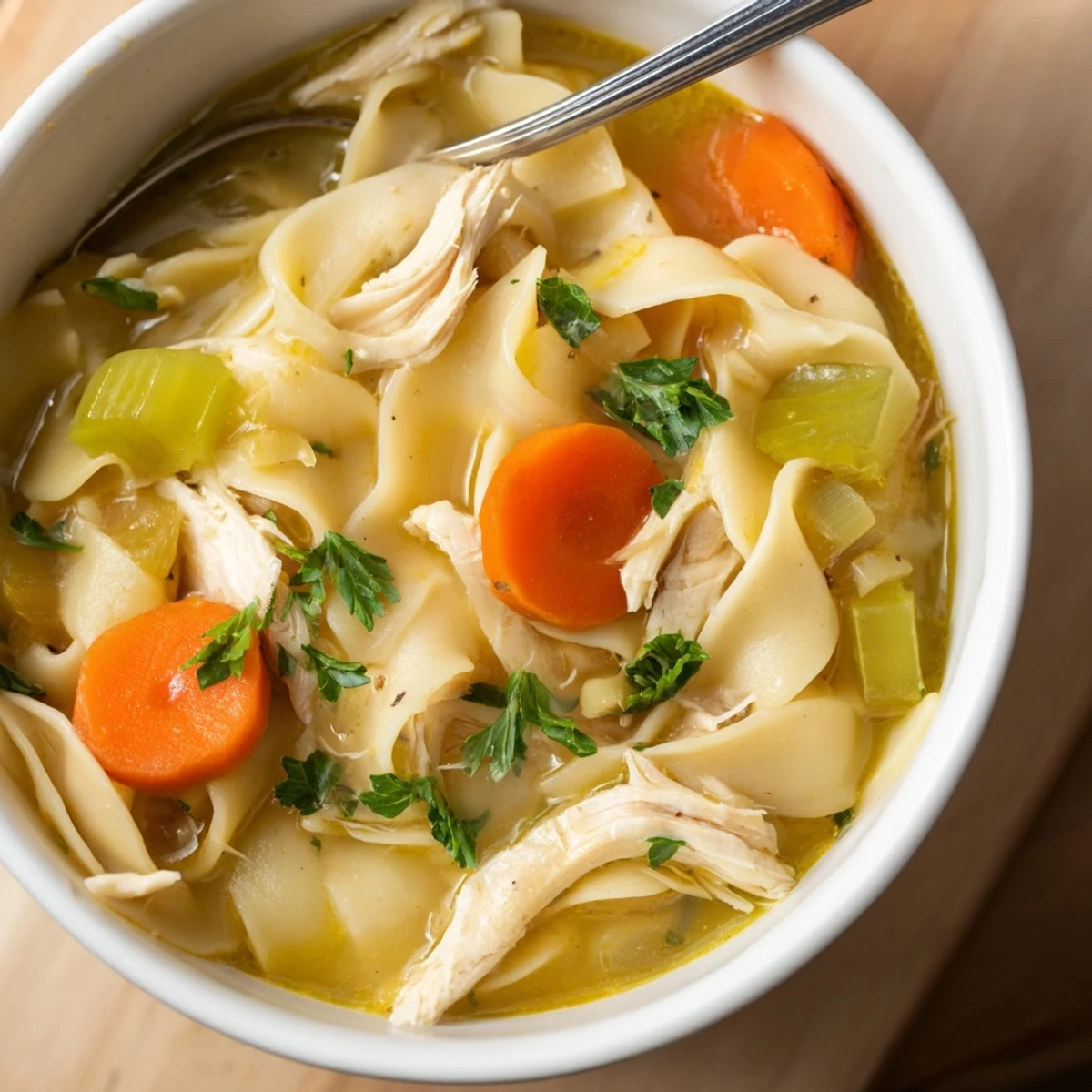 Ladle of golden Chicken Noodle Soup with Homemade Noodles, featuring silky noodles, chunky chicken, and fresh parsley garnish, ready to serve on a cozy dinner table.