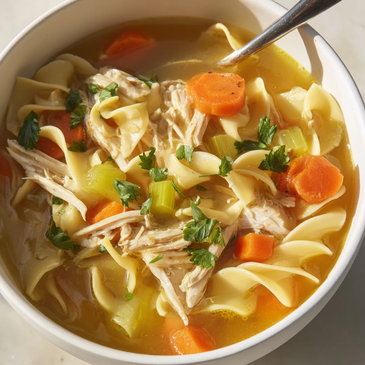 Close-up of Chicken Noodle Soup with Homemade Noodles in a rustic bowl, showing fresh egg noodles, savory broth, carrots, and herbs for a hearty meal.