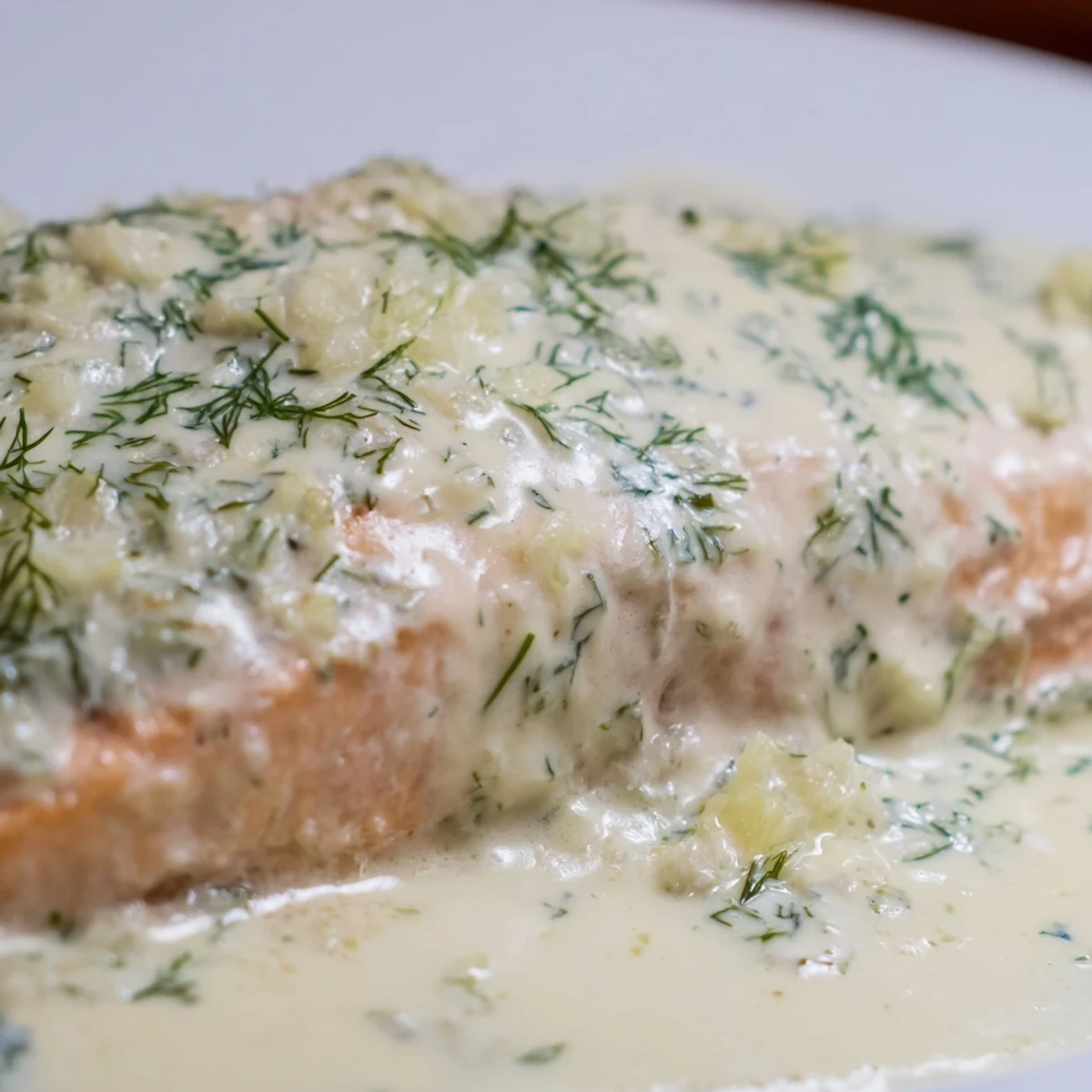 Freshly baked Baked Salmon with Dill and Lemon Sauce garnished with lemon slices, paired with white wine and potatoes.