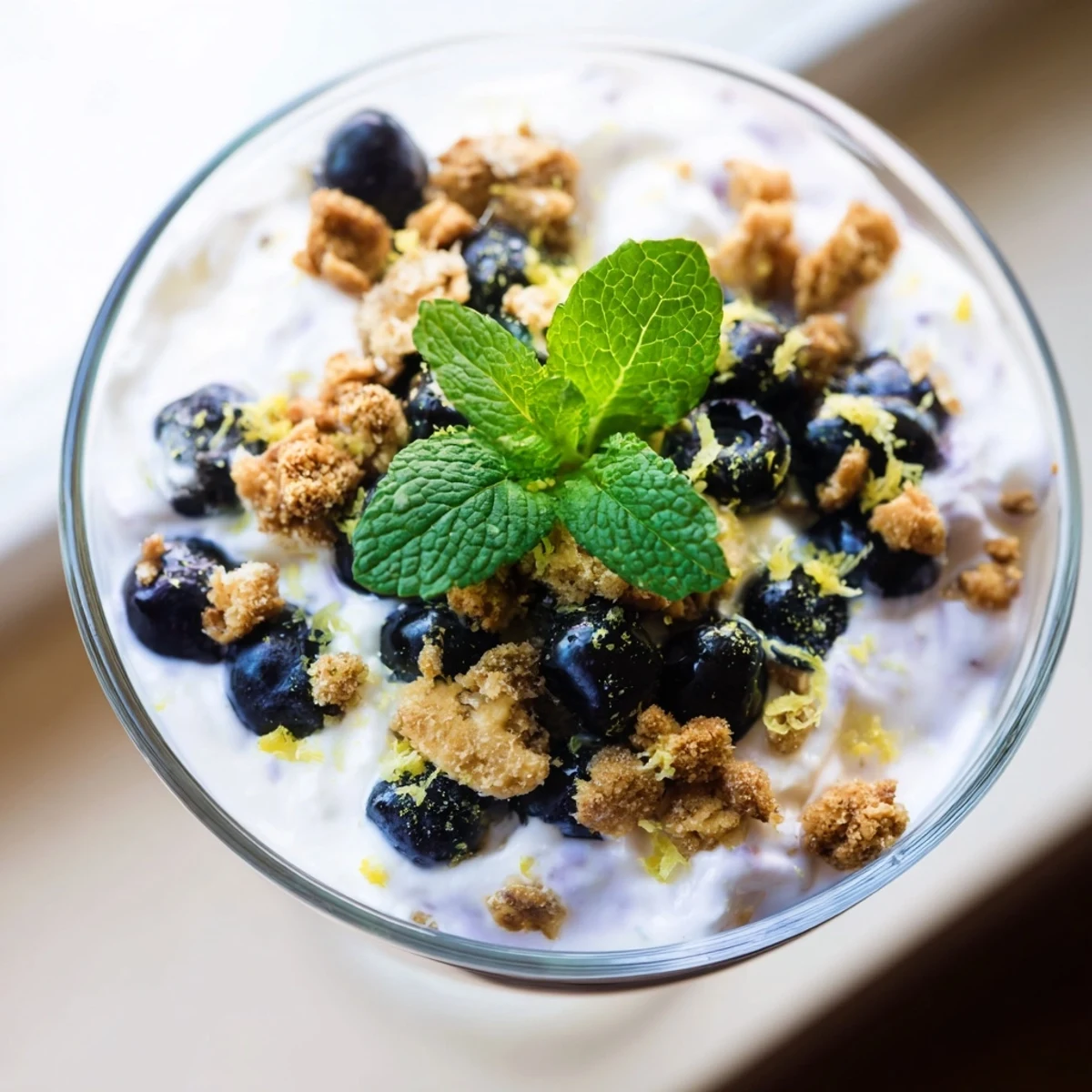 Creamy lemon yogurt and sweet blueberries layered with crunchy granola in a clear glass parfait.