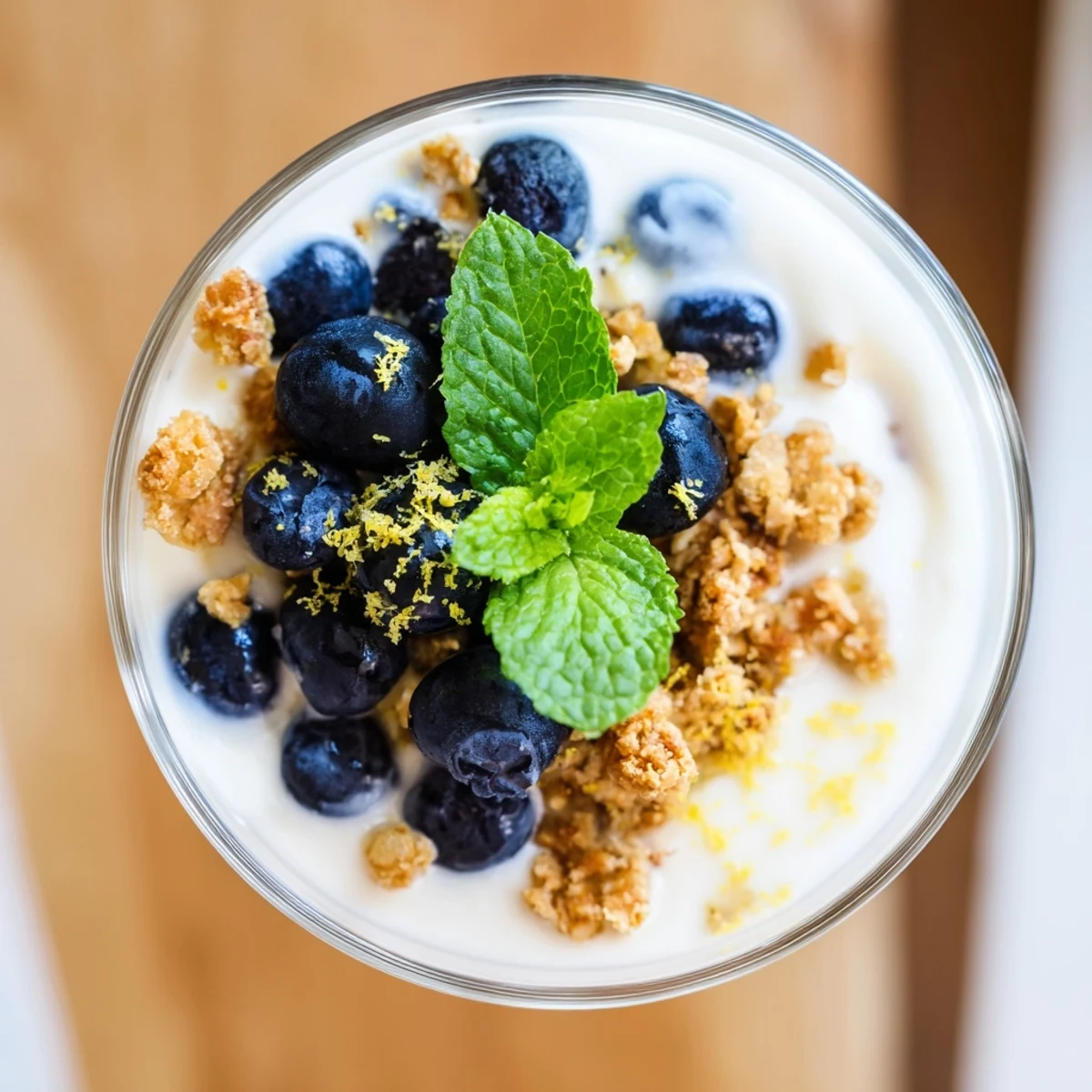 Fresh Lemon Blueberry Yogurt Parfait with granola layered in a glass, topped with mint and extra zest.