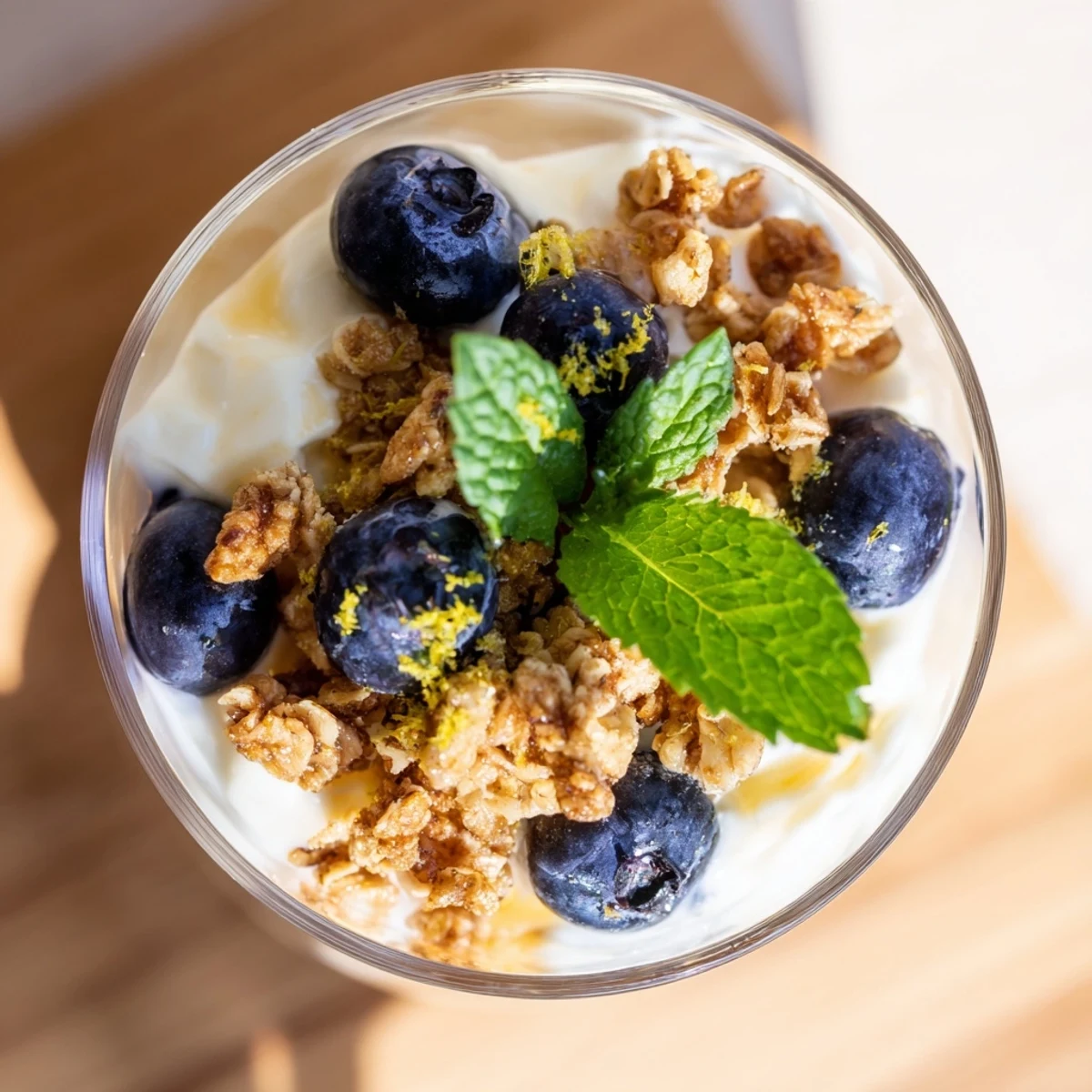 Lemon Blueberry Yogurt Parfait layered with blueberries and granola, ready for breakfast or dessert.