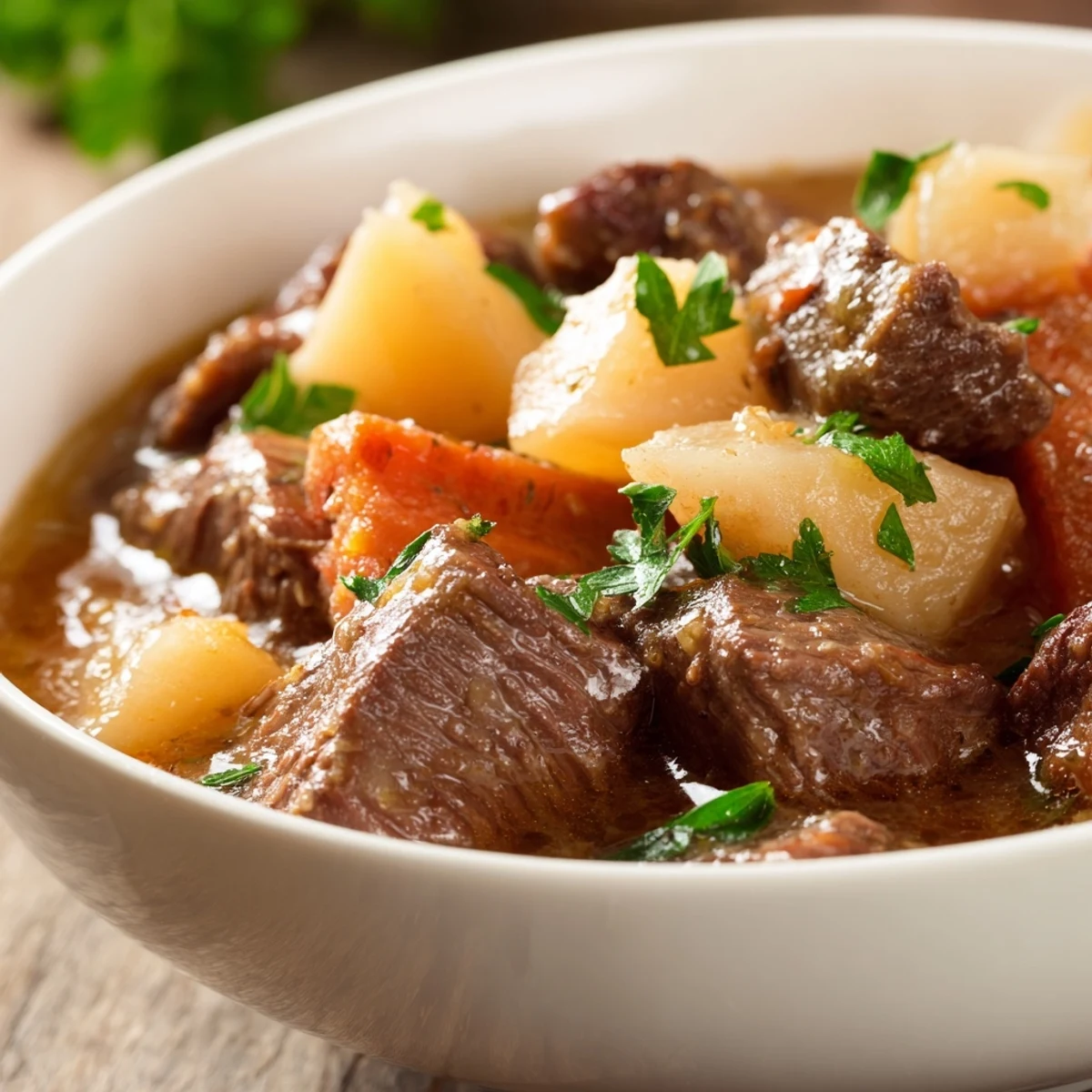 Steam rises from a bowl of Slow Cooker Beef Stew with Root Vegetables garnished with fresh parsley.