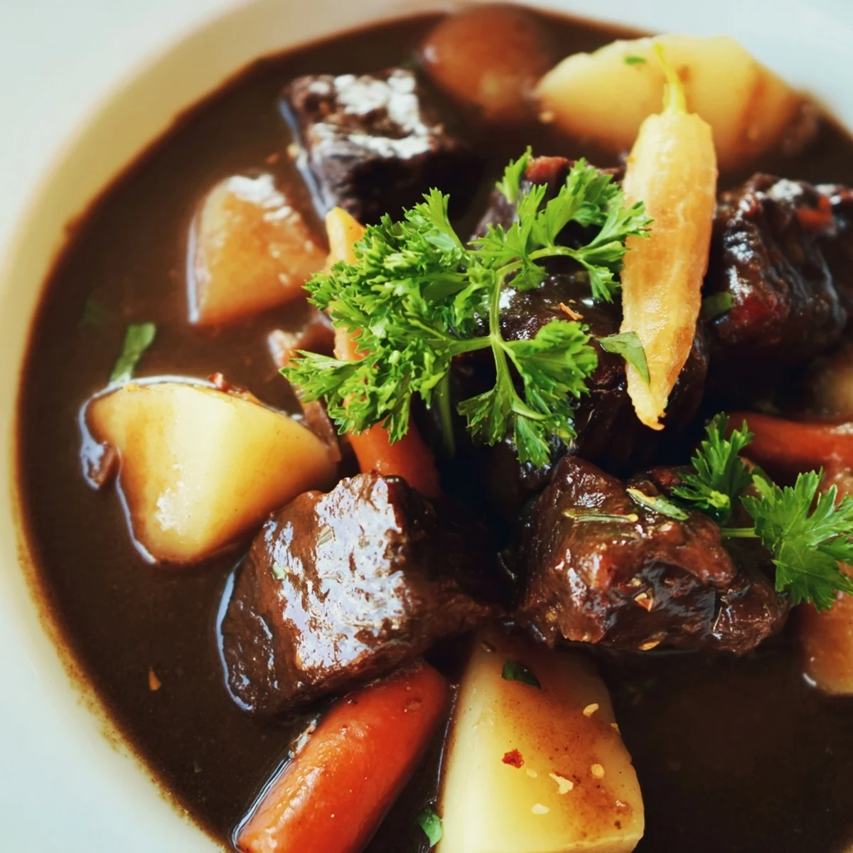 A ladle serves Slow Cooker Beef Stew with Root Vegetables alongside crusty bread for dipping.