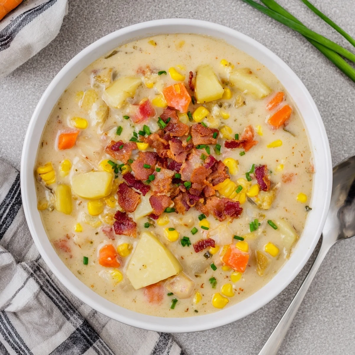 Creamy Corn Chowder with Turkey Bacon steaming in a white bowl, garnished with fresh chives, ready to serve for cozy lunch.