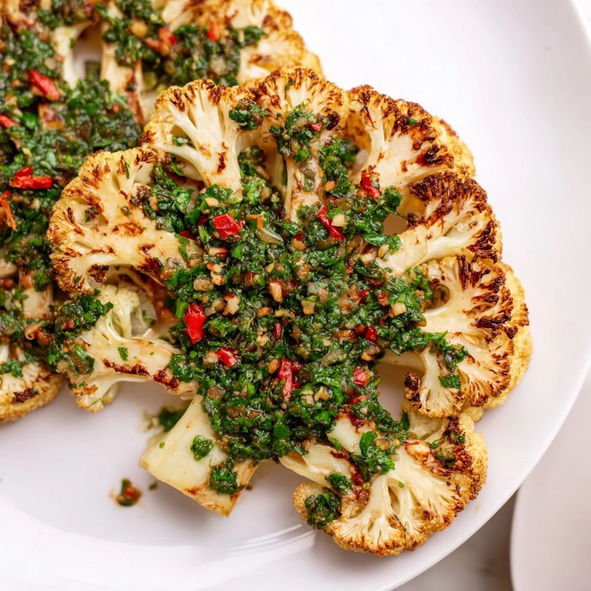 Golden roasted cauliflower steaks with chimichurri are plated and ready to serve for dinner.