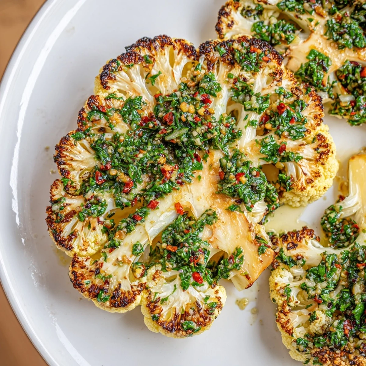 Rustic platter of golden roasted cauliflower steaks topped with fresh chimichurri sauce for a plant-based meal.
