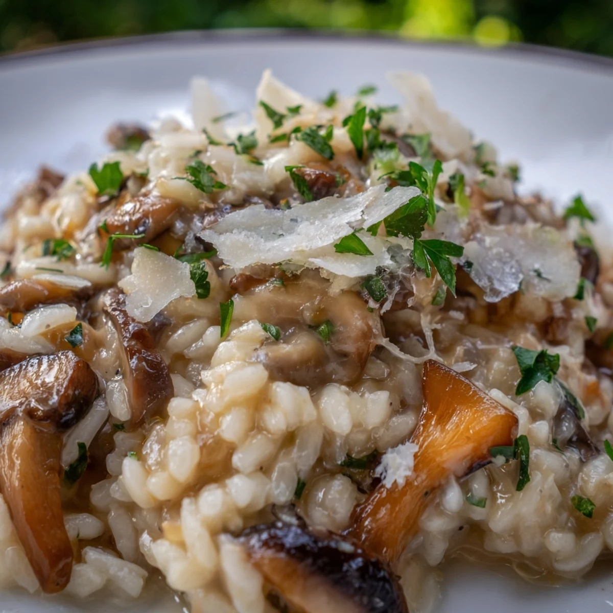 Creamy mushroom risotto with truffle oil in a rustic white bowl, garnished with parsley.