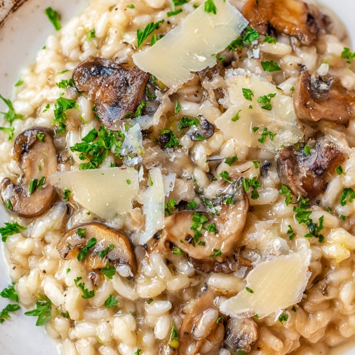 Golden Mushroom Risotto with Truffle Oil steaming in a bowl, topped with fresh parsley.