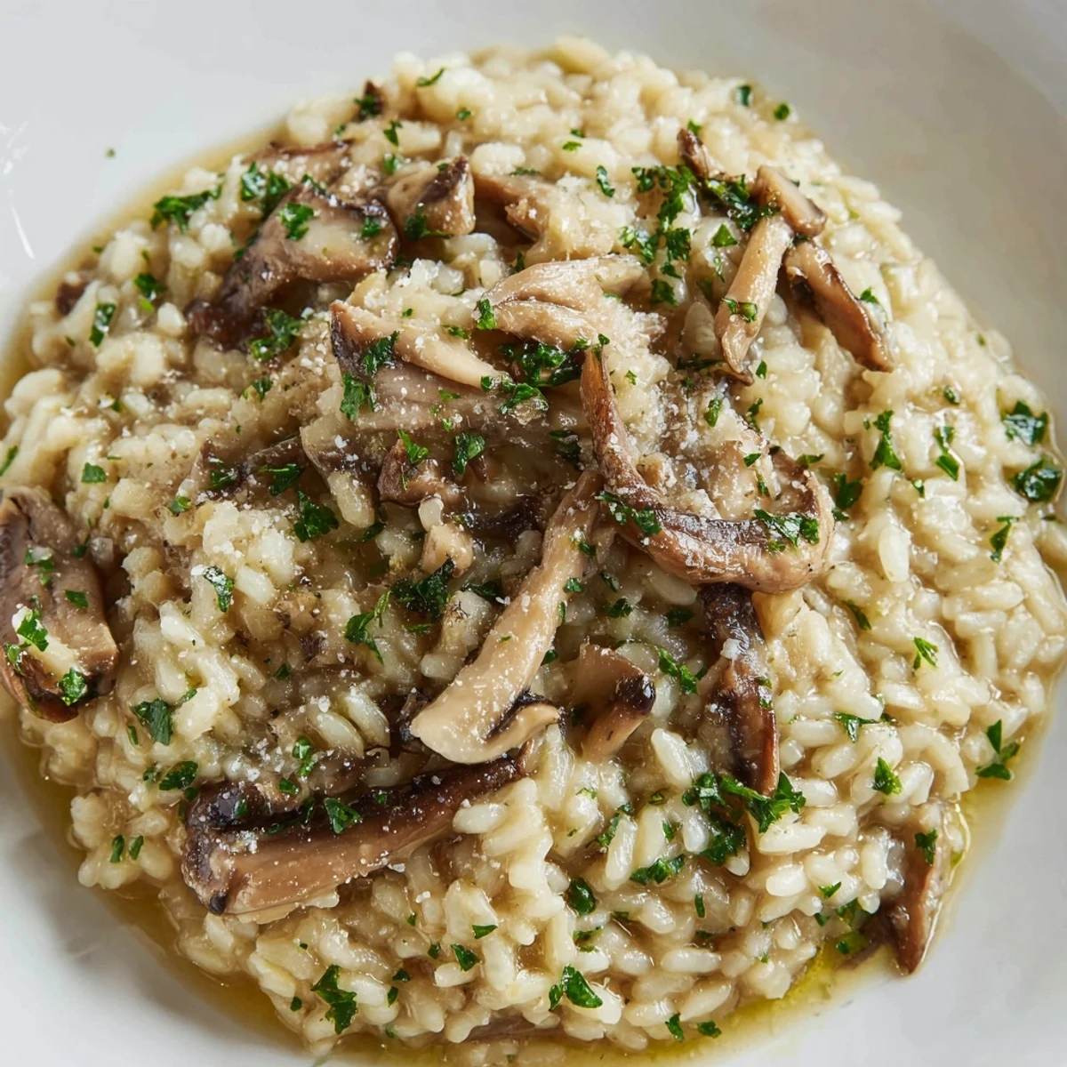 Close-up of rich Mushroom Risotto with Truffle Oil, showing creamy texture and sautéed mushrooms.