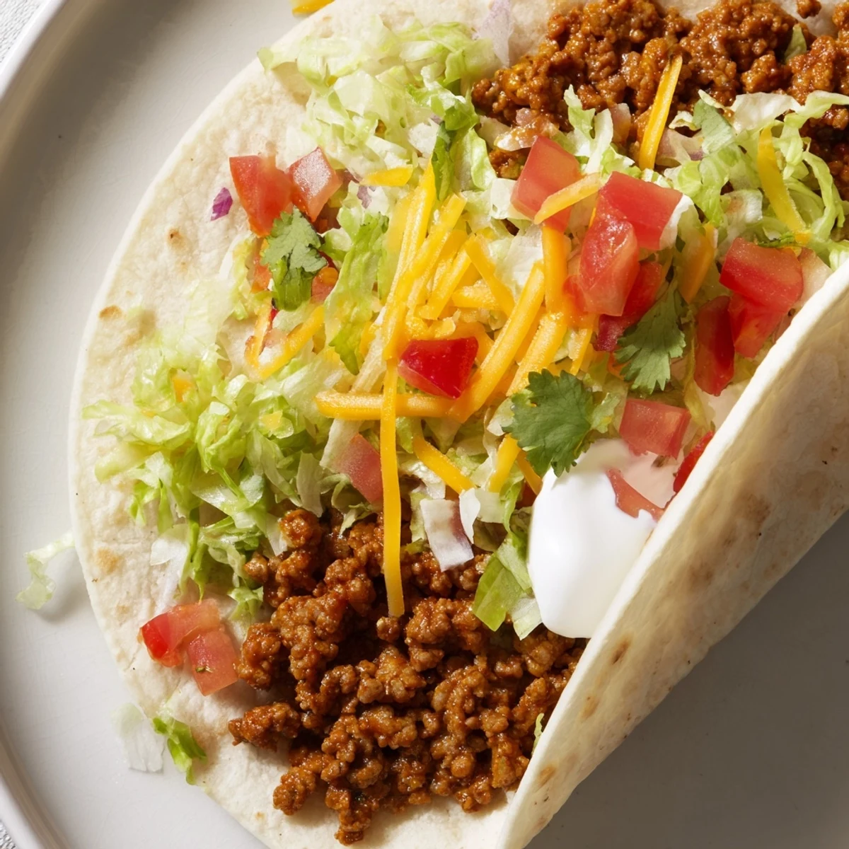 Golden-brown ground beef simmered in homemade taco seasoning fills warm tortillas, topped with shredded lettuce, diced tomatoes, and melted cheddar cheese.