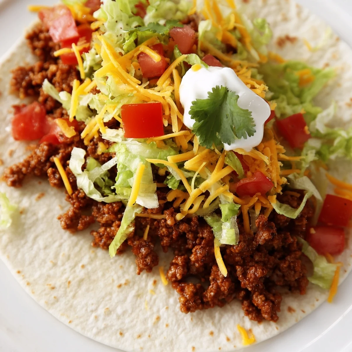Stack of freshly assembled Beef Tacos with creamy sour cream drizzle and vibrant cilantro garnish on a rustic wooden serving board.