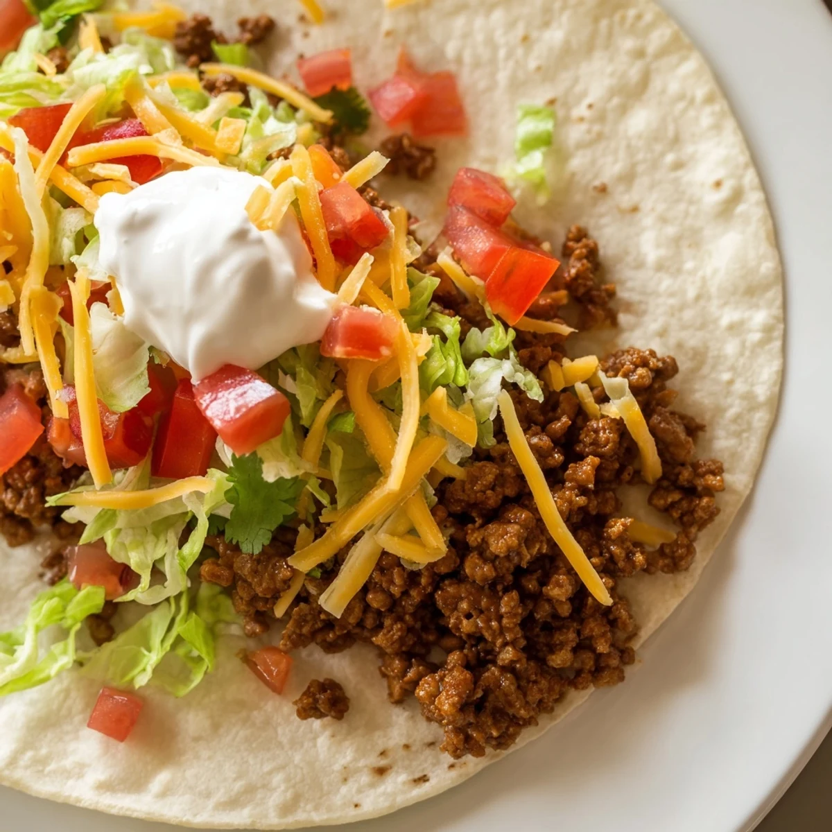 Close-up of a hand holding a warm flour tortilla stuffed with juicy seasoned beef, fresh lime wedges ready for squeezing.