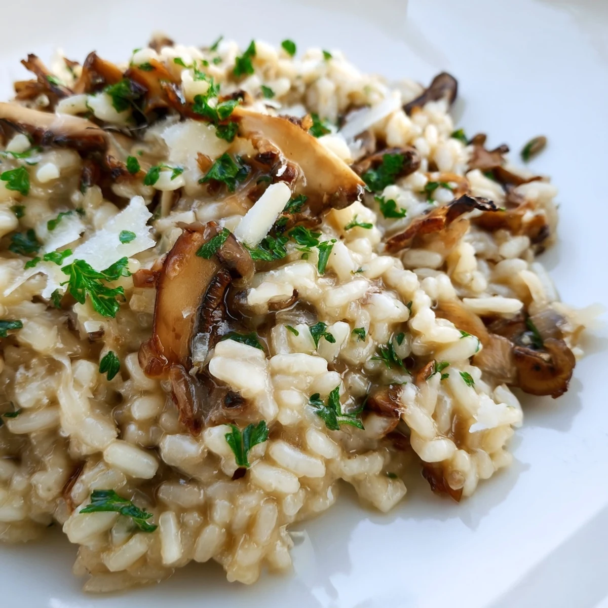 A pan of freshly cooked Mushroom Risotto with Truffle Oil and Parmesan features golden mushrooms and grated cheese.