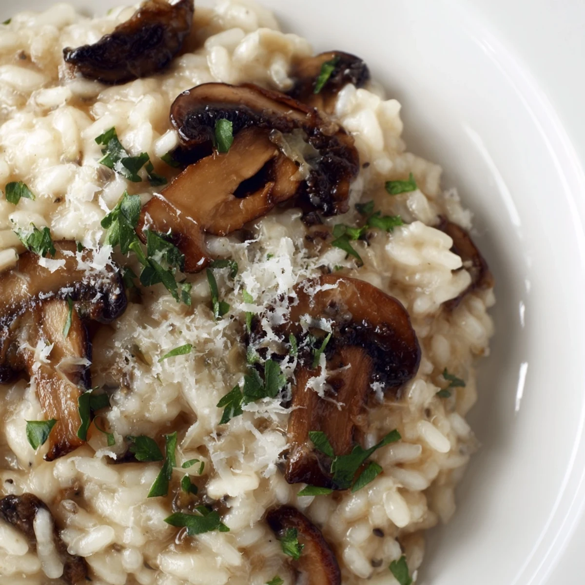 Creamy Mushroom Risotto with Truffle Oil and Parmesan served warm in a shallow white bowl, garnished with fresh parsley.