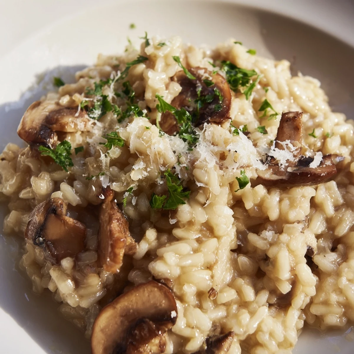 Close-up of Mushroom Risotto with Truffle Oil and Parmesan highlighting its rich, creamy texture on a rustic wooden table.