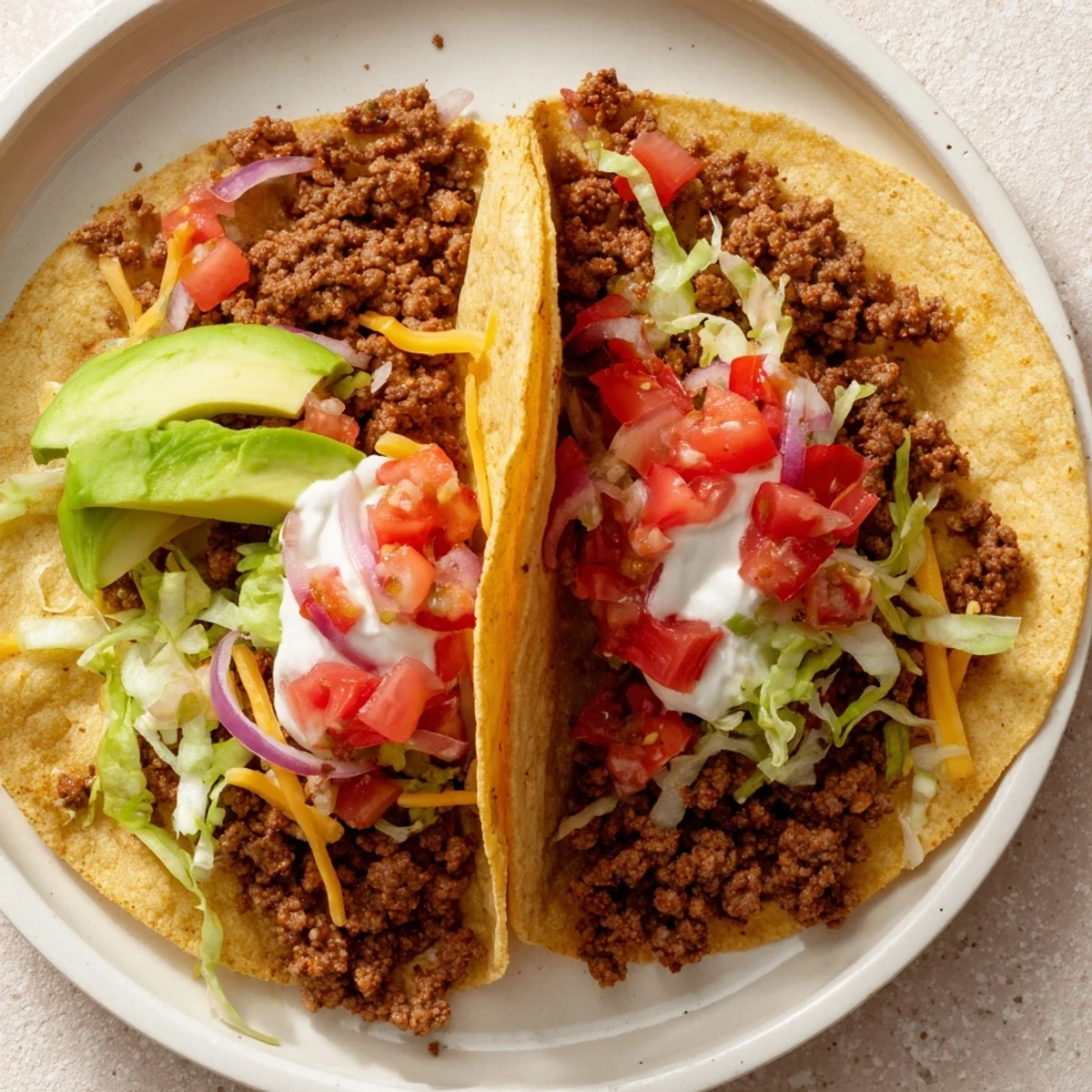 Warm Beef Tacos with Homemade Taco Seasoning and Salsa, topped with cheese and avocado on a plate.
