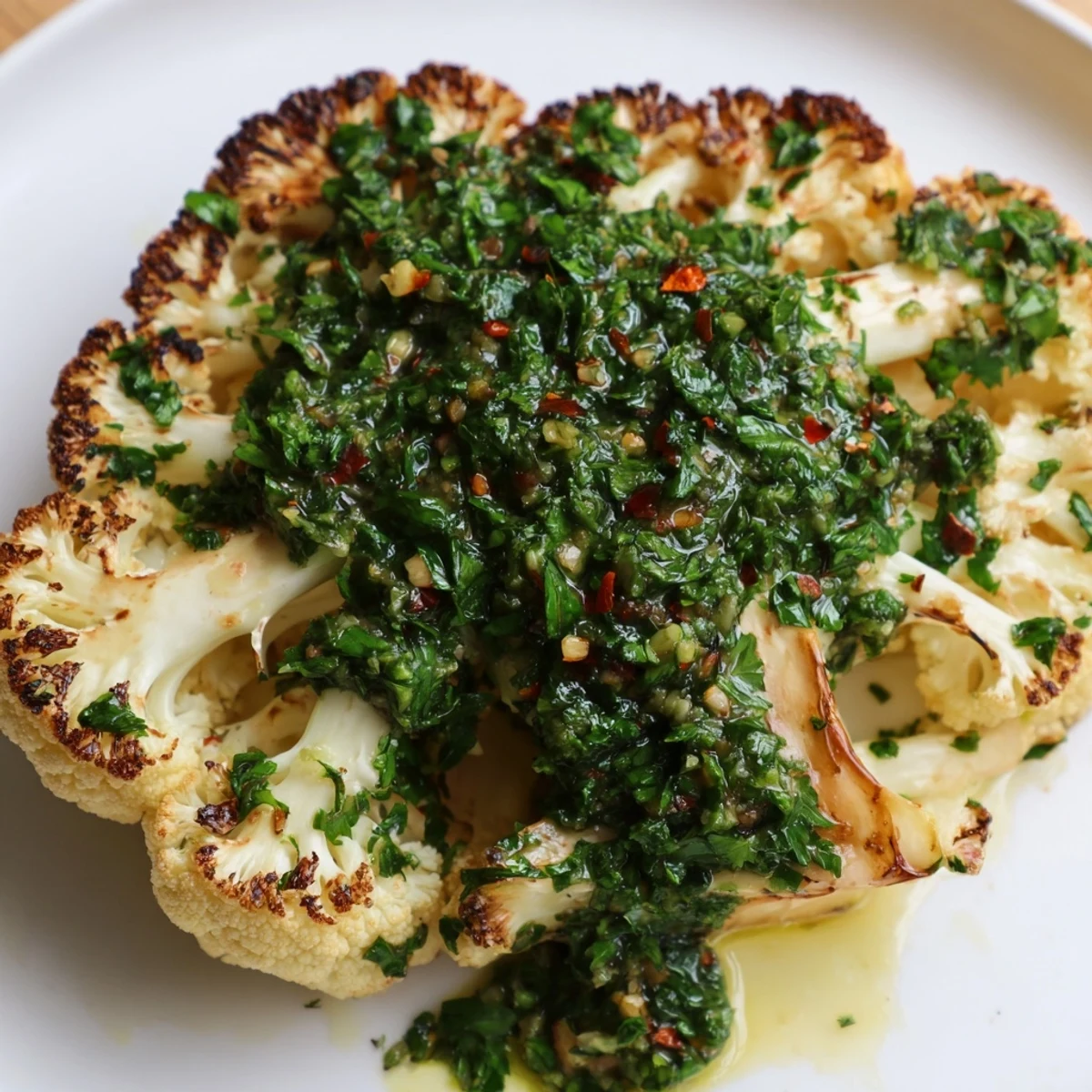 Golden-brown roasted cauliflower steaks with vibrant chimichurri sauce for a vegan dinner.