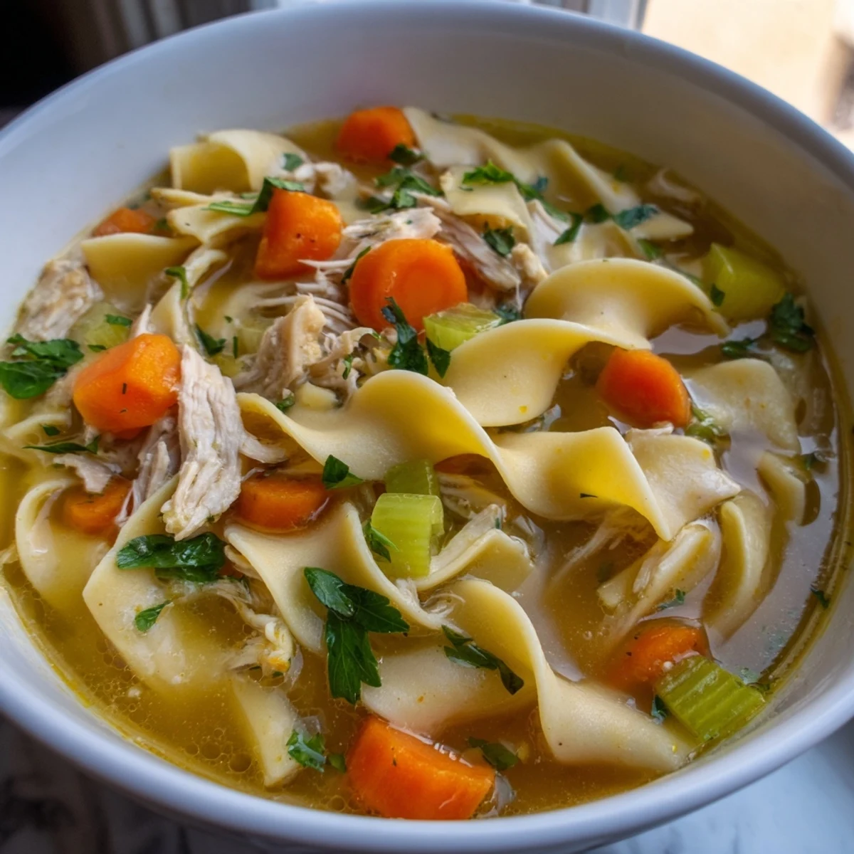 Homemade Egg Noodle Chicken Noodle Soup steams in a rustic bowl, featuring tender shredded chicken, carrots, celery, and silky noodles.