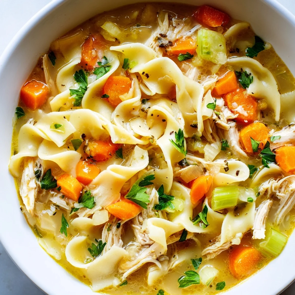 A ladle pours savory Chicken Noodle Soup with Homemade Egg Noodles into a ceramic bowl, showcasing tender vegetables and silky noodles.