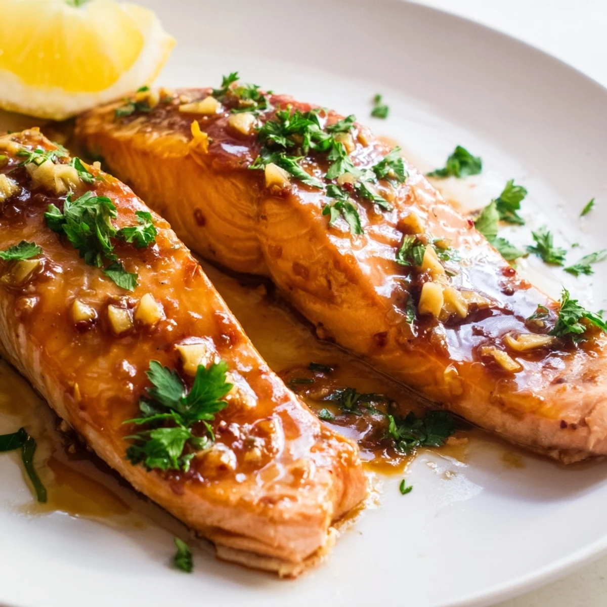 Freshly baked salmon fillets glistening with a sticky honey garlic sauce, garnished with parsley and lemon wedges.