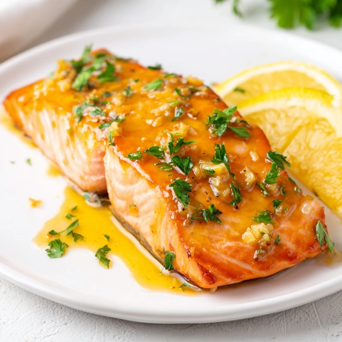 Golden-baked salmon fillets coated in sweet honey garlic glaze, served alongside fluffy rice and vibrant green beans.