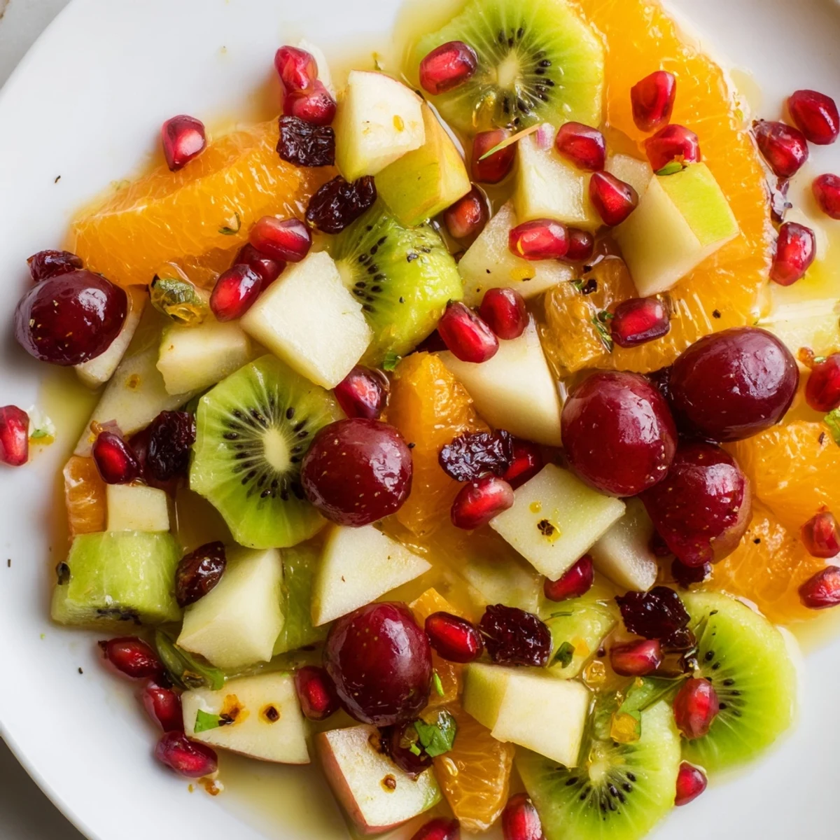 Overhead view of Winter Fruit Salad with Citrus Dressing in a white serving dish, surrounded by lemon wedges, fresh mint sprigs, and a small bowl of pomegranate seeds.