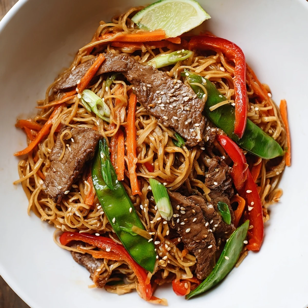 A close-up of Spicy Beef Noodles with Vegetables garnished with fresh cilantro, sesame seeds, and lime wedges.