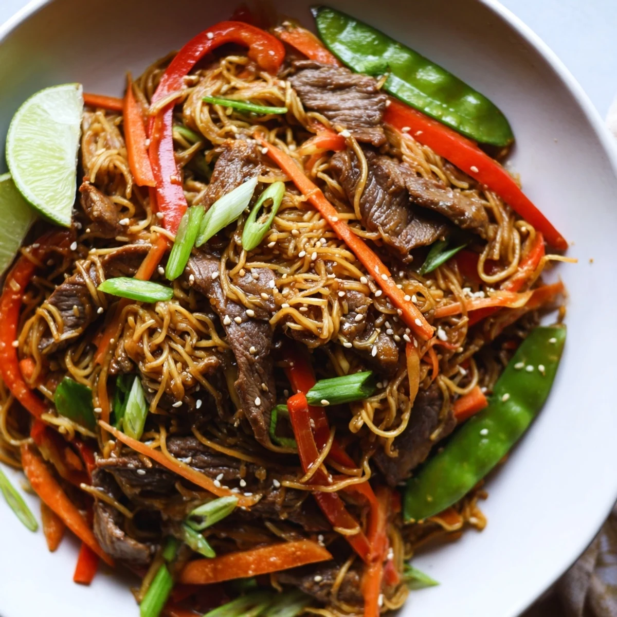 Spicy Beef Noodles with Vegetables sizzling in a hot wok with steam rising from tender beef and crisp peppers.