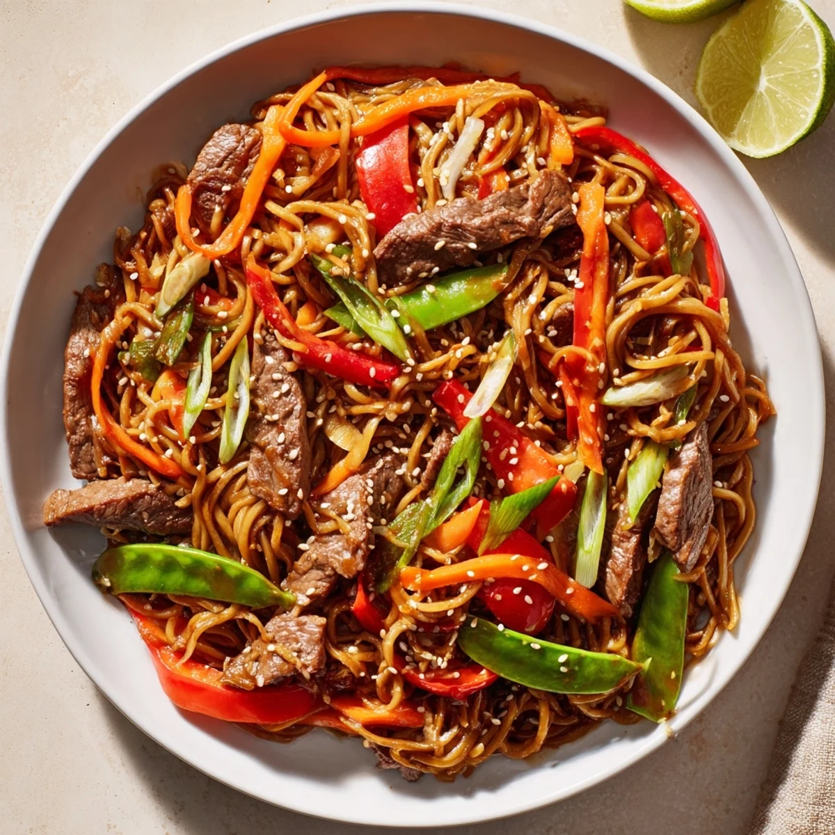 Hearty serving bowl of Spicy Beef Noodles with Vegetables paired with chopsticks on a rustic table setting.