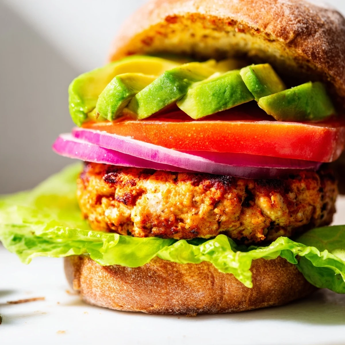 Freshly grilled turkey burger with avocado slices on a toasted bun, juicy and served with a side of sweet potato fries.