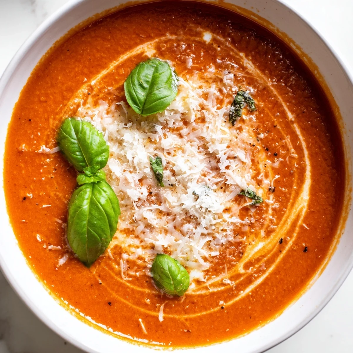 Creamy Tomato Bisque with Basil steaming in a white bowl, garnished with fresh basil leaves and a swirl of cream beside crusty bread.