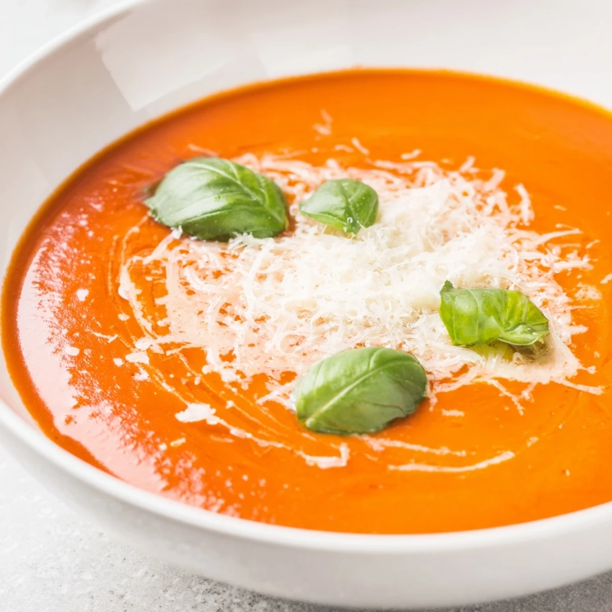 Smooth Creamy Tomato Bisque with Basil served hot, topped with grated Parmesan and fresh basil on a rustic table.