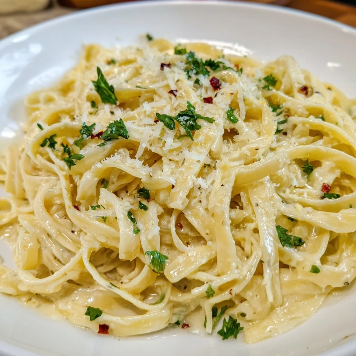 Steaming plate of Creamy Garlic Pasta topped with extra cheese and parsley, ready to enjoy with a glass of white wine.