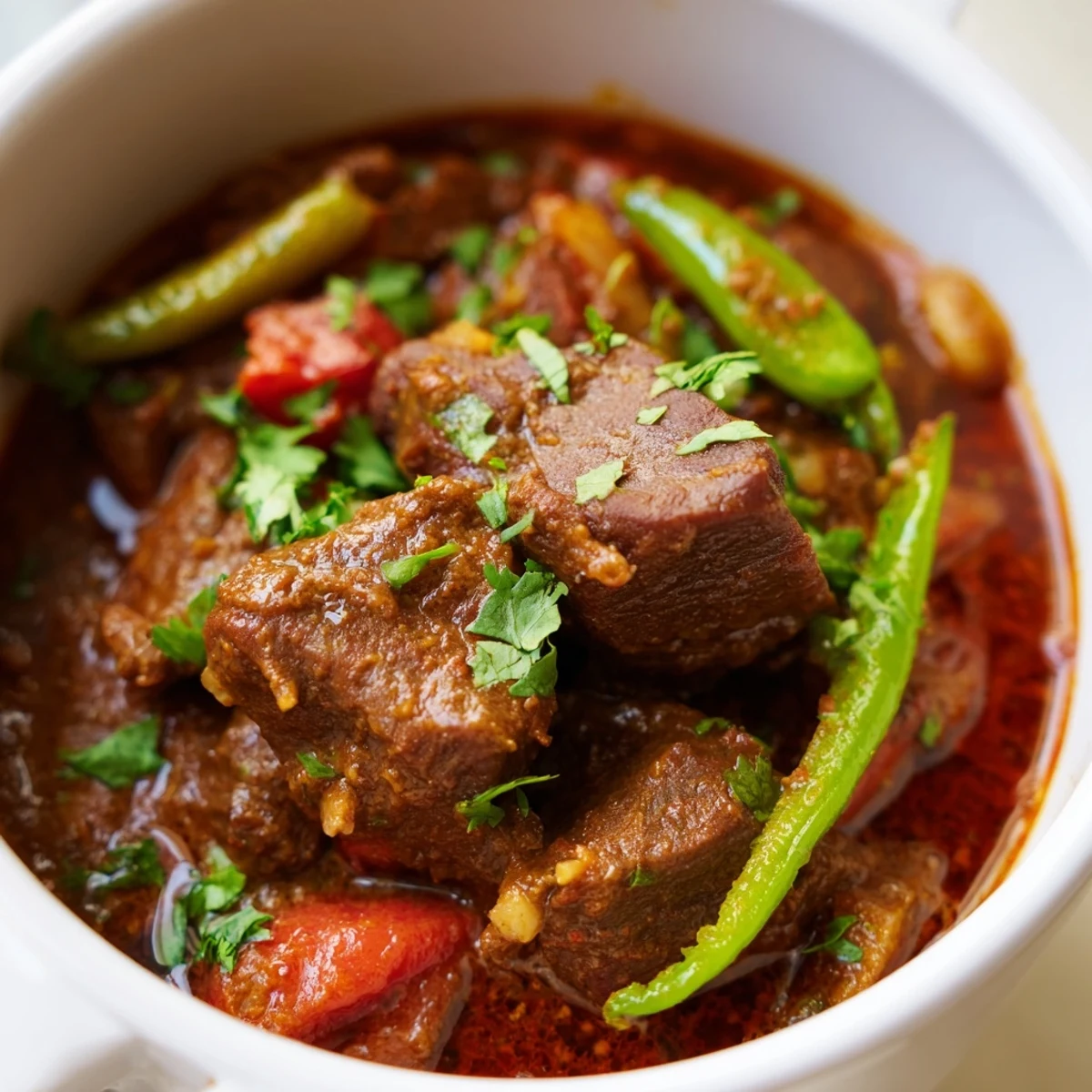 A rich and fragrant spicy beef curry served alongside fluffy basmati rice and a side of warm naan bread.