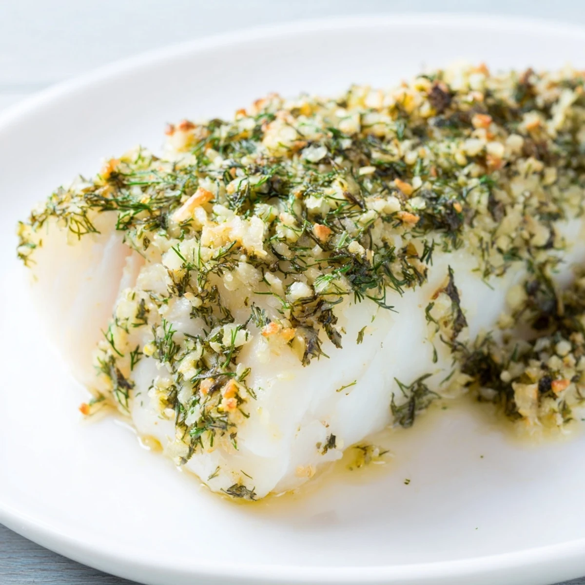 Golden-brown baked cod fillets with fresh herbs and lemon slices on a baking sheet.