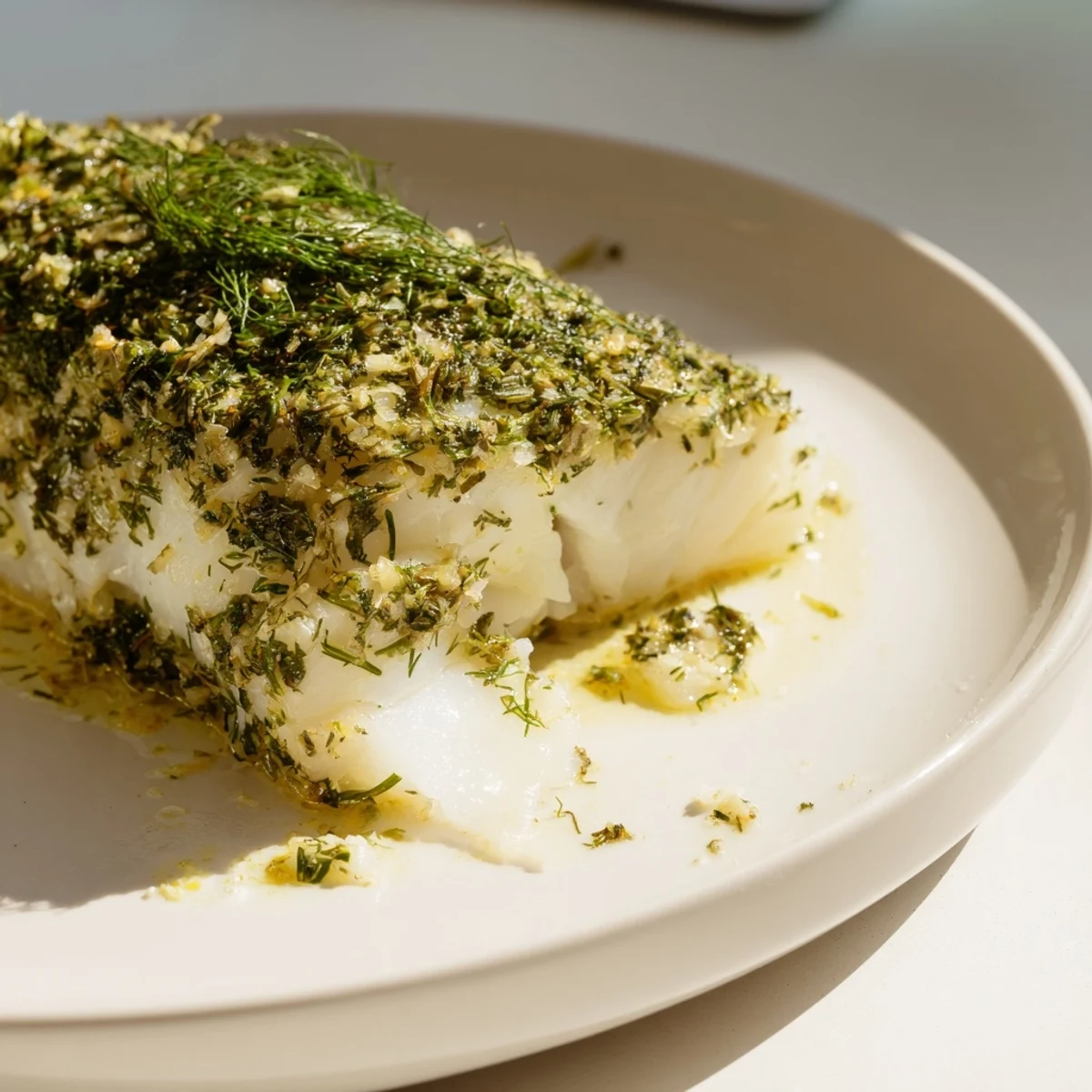 Mediterranean baked cod garnished with parsley, dill, and chives on a rustic plate.