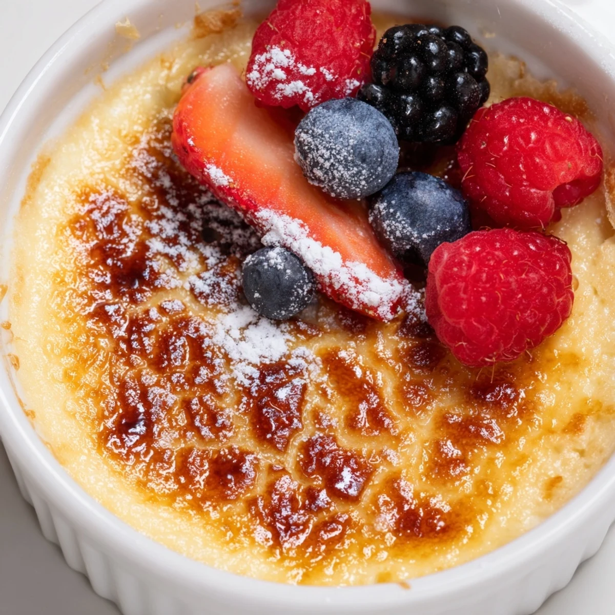 Golden Romantic Crème Brûlée with Berries served in a ramekin, topped with a crackly caramelized sugar crust and fresh mixed berries.  
