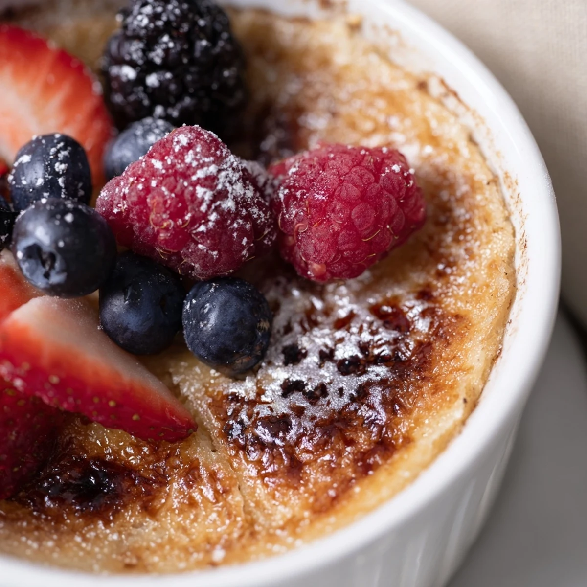 Romantic Crème Brûlée with Berries ready to serve, dusted with powdered sugar and paired with sparkling wine on a candlelit table.