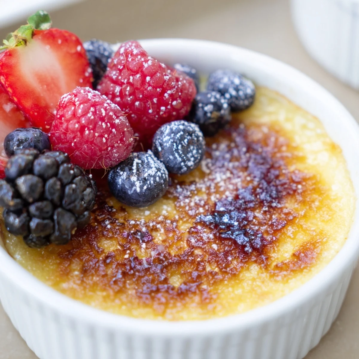 Close-up of Romantic Crème Brûlée with Berries, revealing silky vanilla custard beneath a shattered sugar top beside glossy raspberries and blueberries.  