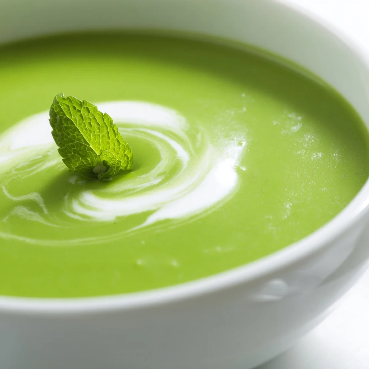 A vibrant green bowl of Green Pea and Mint Soup garnished with fresh mint leaves and a swirl of cream.