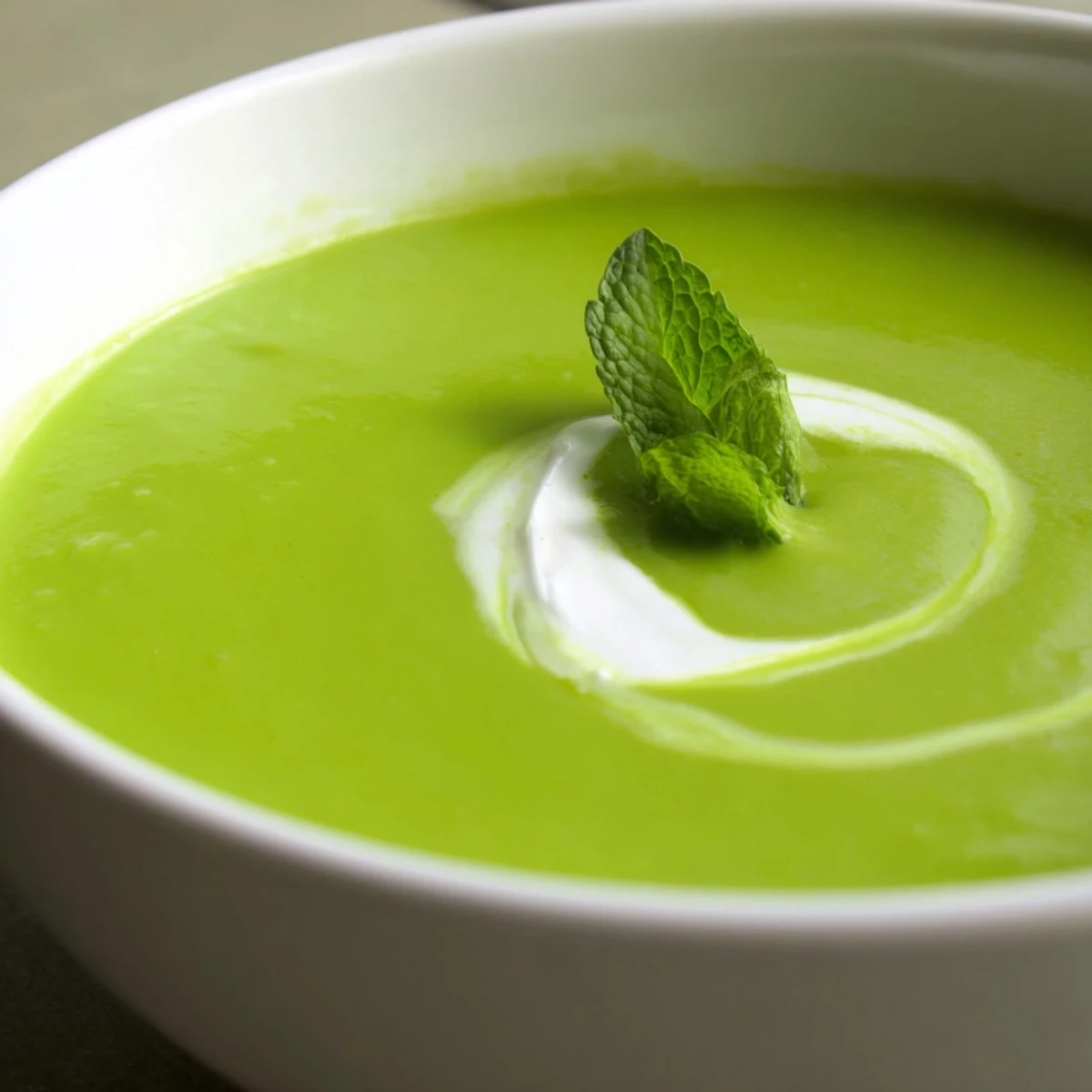 Smooth, bright Green Pea and Mint Soup steaming gently in a white ceramic bowl, ready to enjoy.
